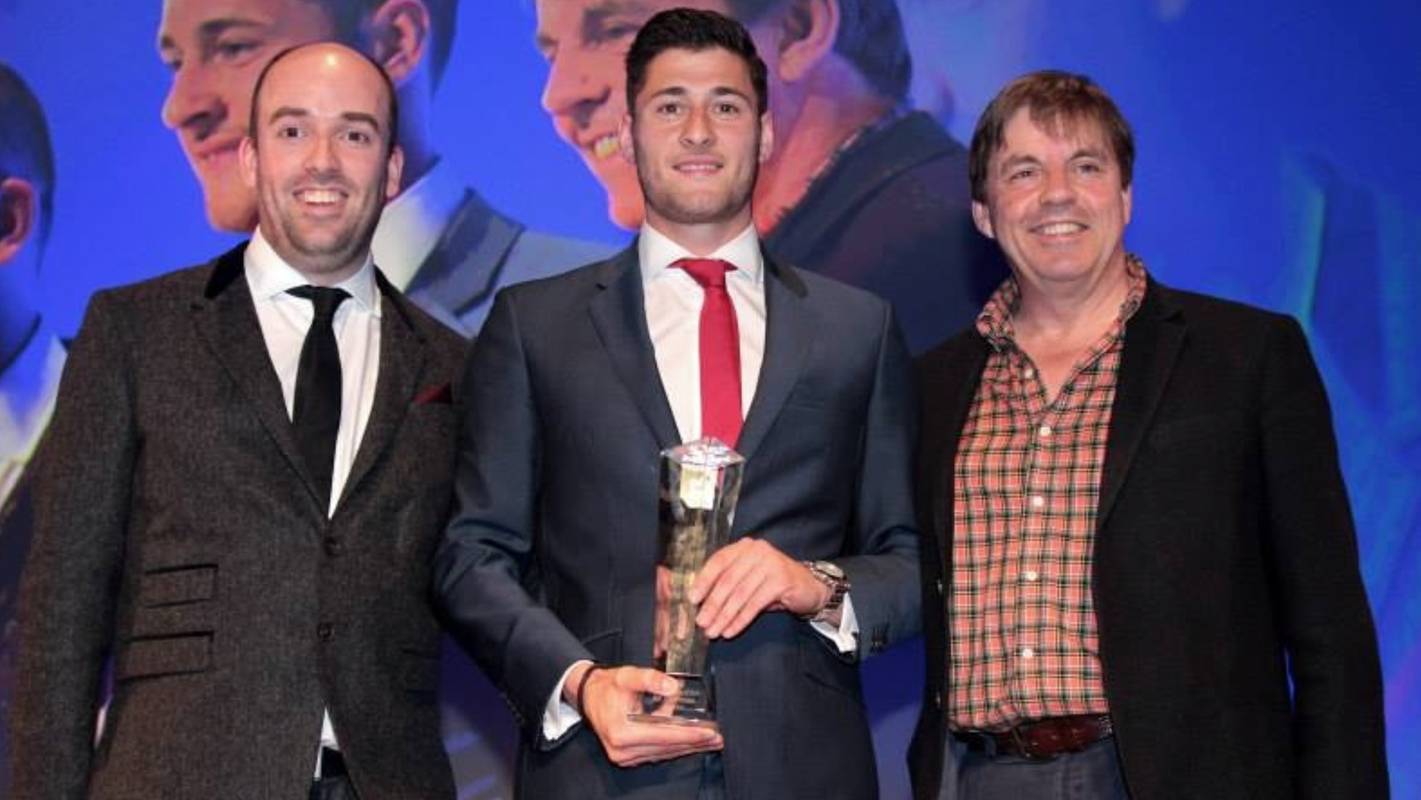 <a href='page.php?id=111&player=1070'>Joel Ward</a> picking up his Young Player of the Year award in 2014 alongside Peter Guntrip from this website, and James Mitchell representing cpfc.org