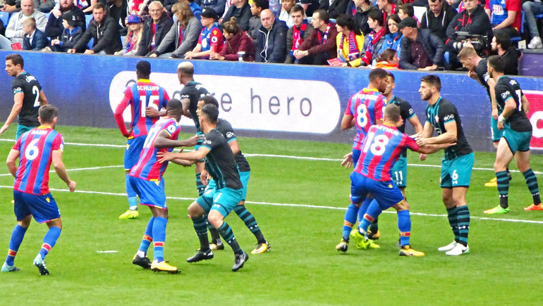 Jostle and shove: In a hard-fought contest, Palace were yet again defeated by a resolute Southampton