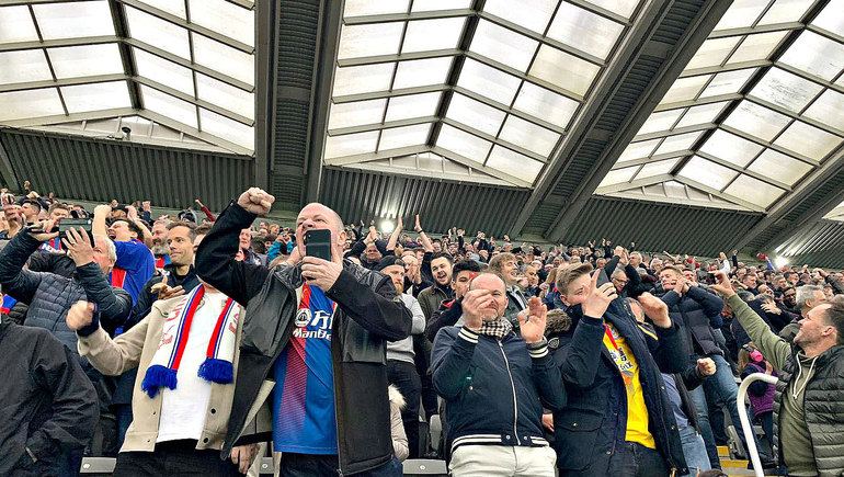 Jubilation in the Palace ranks after Luka scores from the spot. Job done. (photo: Dan Crafter)