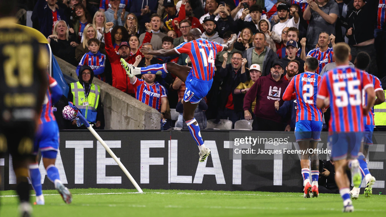 Mateta kicks the corner flag after scoring the only goal of the game