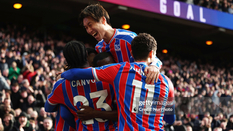 Players smother Evann Guessand who scored Palace's winner