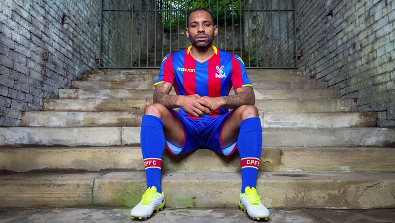 Jason Puncheon models the new Palace home kit for the 2017/18 season.