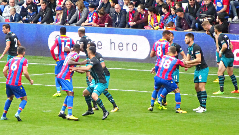 Jostle and shove: In a hard-fought contest, Palace were yet again defeated by a resolute Southampton