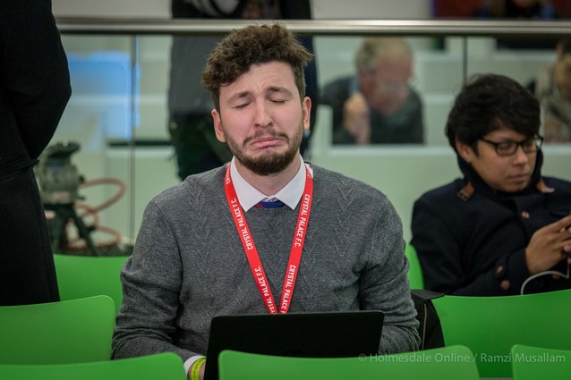 Sam reacting to another Palace defeat in the media room
