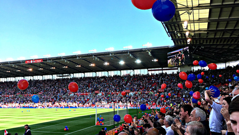 Eagles travelling supporters in happy mood before the kick-off at Stokes bet365 stadium