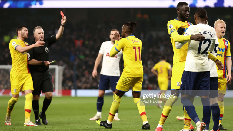 Wilfried Zaha is sent off against Tottenham.