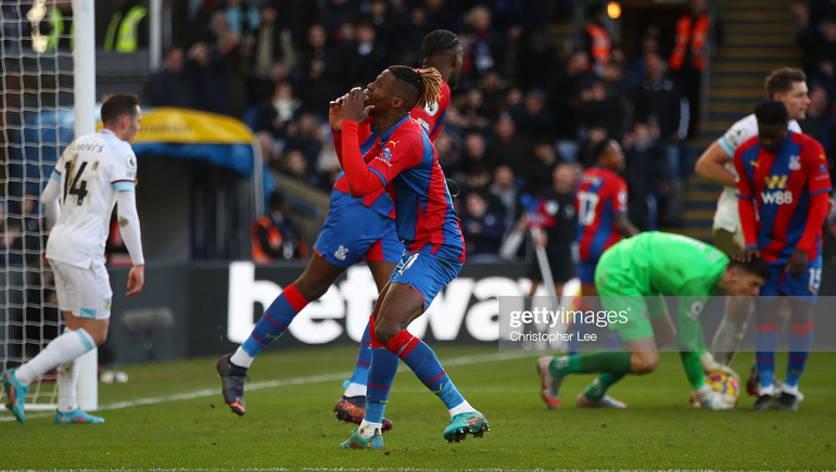 Wilfried Zaha rues a missed chance in the second half