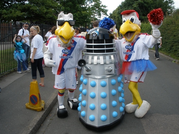 chriskb at the Carshalton carnival in his Dalek costume (note the red and blue lights) with Pete and Alice the Eagle