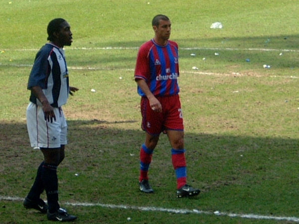 Jovan Kirovski marked by West Brom's first goal scorer Darren Moore.