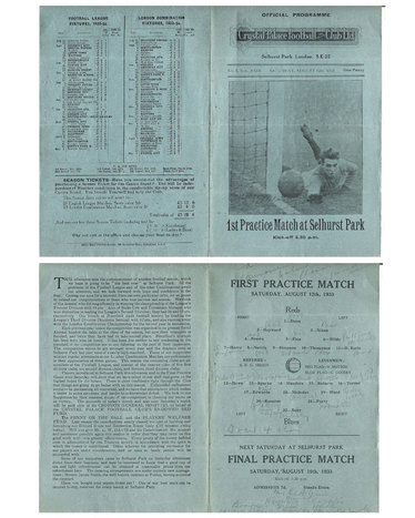 Programme for practice match at Selhurst Park in August 1933