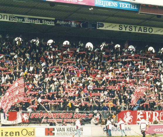 Joey (circled) with his Palace scarf amongst FC Twente fans in Holland