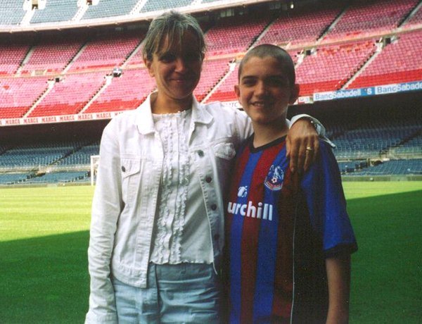 Pete Flannery and his mum at the Nou Camp, Spain